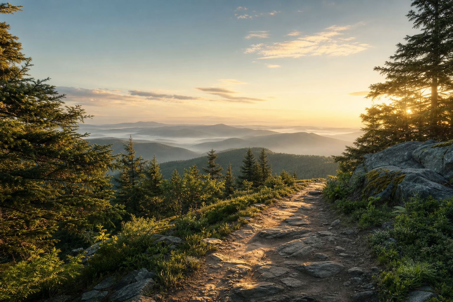 QUIQQER 2.19 – Waldpfad im Sonnenaufgang Ruhiger Waldpfad im Sonnenaufgang als Headerbild für den QUIQQER 2.19 Release.
