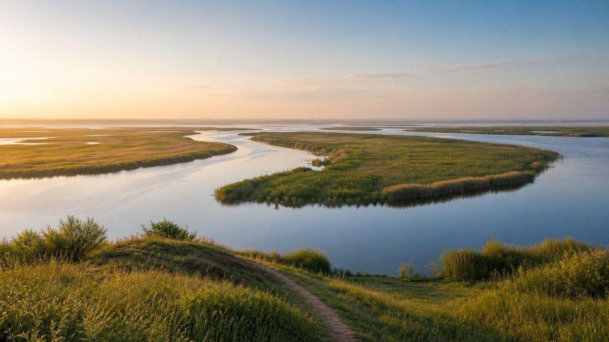 QUIQQER 2.21 Releasebild mit Flussdelta Weites Flussdelta mit verzweigten Wasserläufen und offener Graslandschaft im weichen Morgenlicht