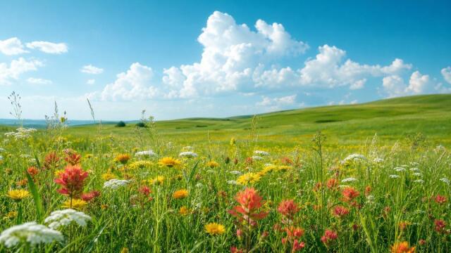 Helle Wildblumenwiese mit grünen Hügeln und großen weißen Wolken