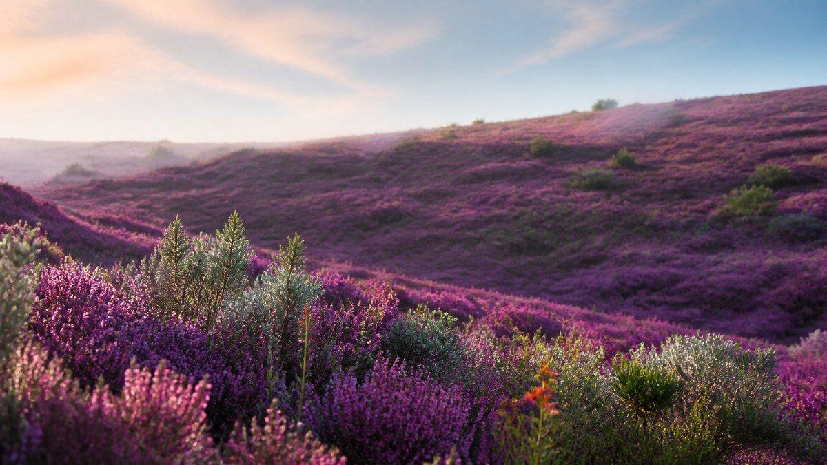 QUIQQER 2.30 – Violette Heidelandschaft am Morgen Violette Heidelandschaft mit silbergrünem Bewuchs im hellen Morgenlicht