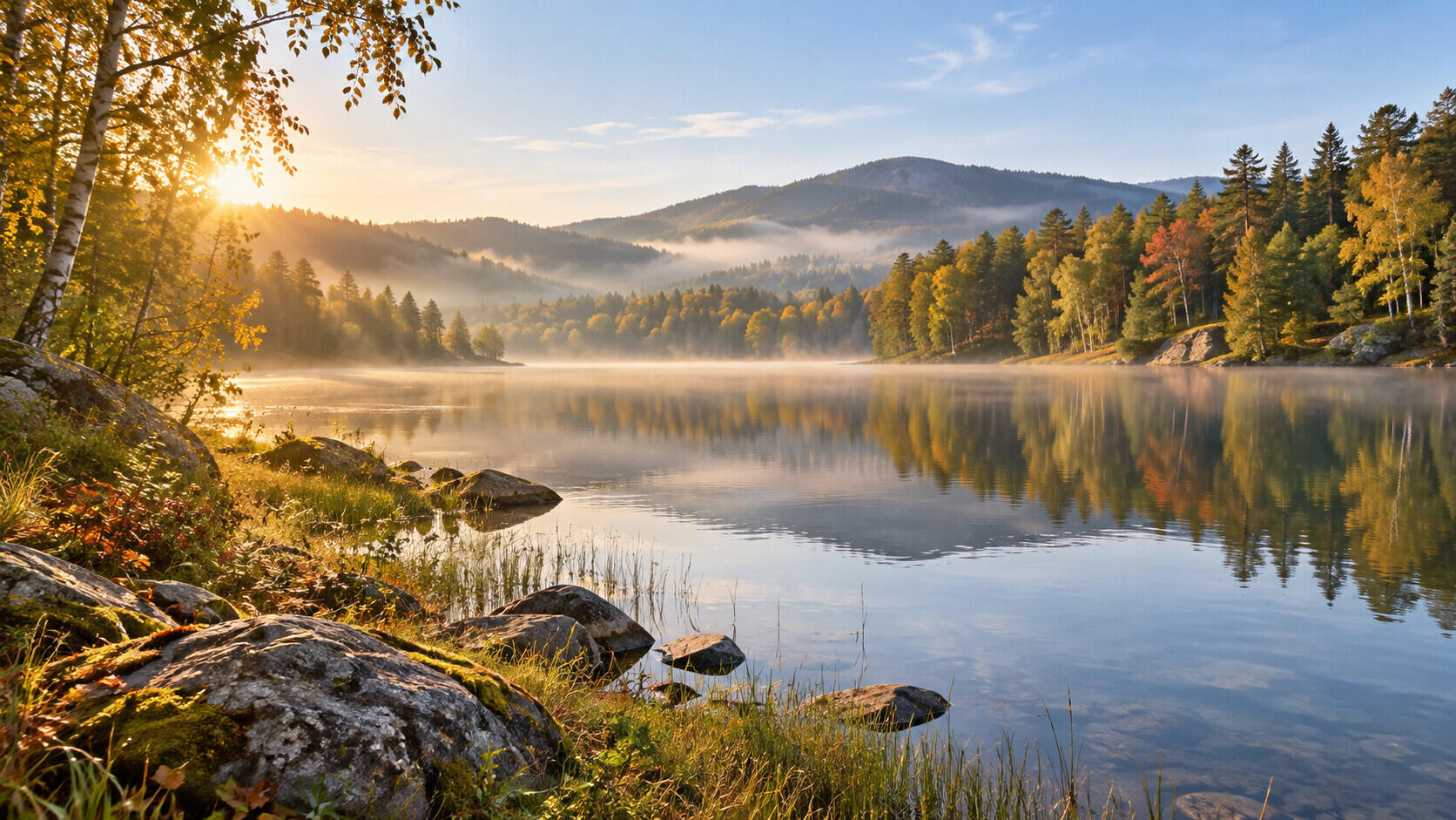 Herbstlicher See im Morgenlicht – QUIQQER 2.34 Herbstwald spiegelt sich in einem ruhigen See mit Morgennebel und goldenem Sonnenlicht