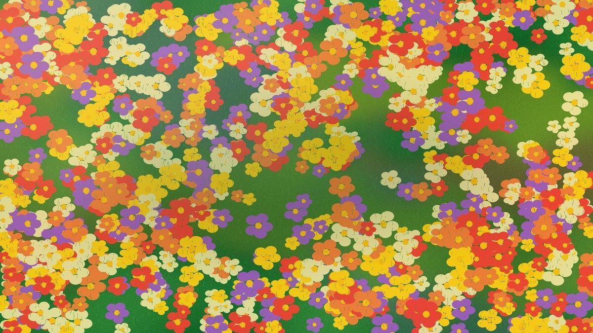 Stilisierte Blumenwiese aus der Luft mit großen korallfarbenen, gelben und lavendelfarbenen Sommerblüten