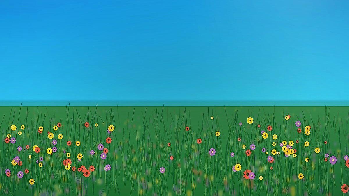 Sommerwiese in voller Blüte für QUIQQER 2.36 Helle Sommerwiese mit gelben, korallfarbenen und lavendelfarbenen Wildblumen unter einem weiten türkisblauen Himmel