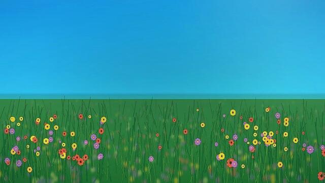 Helle Sommerwiese mit gelben, korallfarbenen und lavendelfarbenen Wildblumen unter einem weiten türkisblauen Himmel