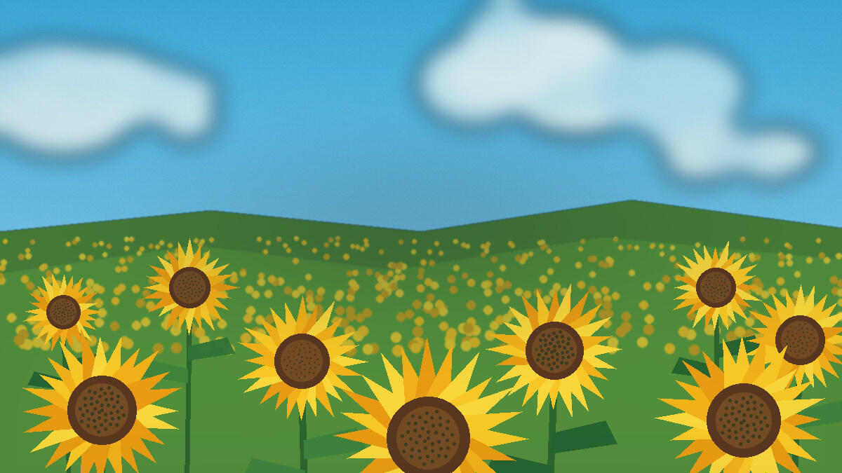 QUIQQER 2.38 – Helle Sonnenblumenwiese Stilisierte helle Sonnenblumenwiese unter einem klaren blauen Sommerhimmel