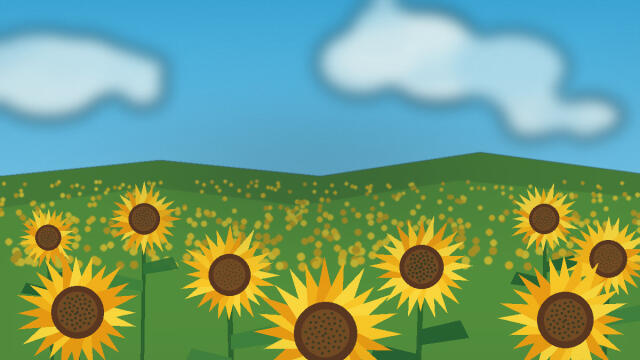 Stilisierte helle Sonnenblumenwiese unter einem klaren blauen Sommerhimmel
