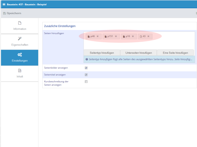 Bausteinen Seiten hinzugefügt