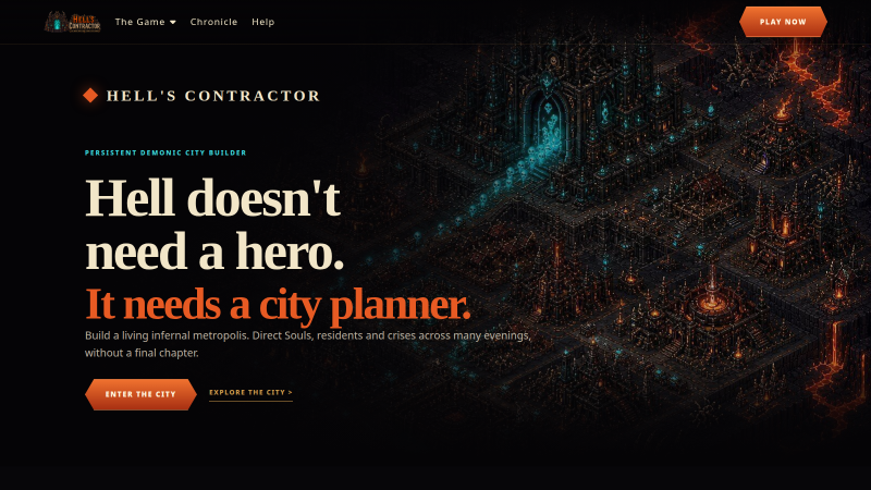 Hell’s Contractor: Spielprototyp mit KI Hell's Contractor homepage with the demonic city-builder hero
