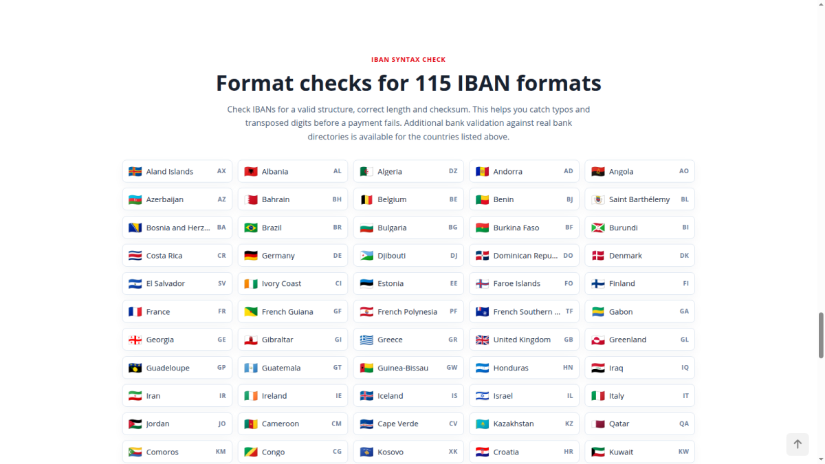 Format checks for 115 IBAN structures IBAN-Test overview of supported IBAN formats with country flags