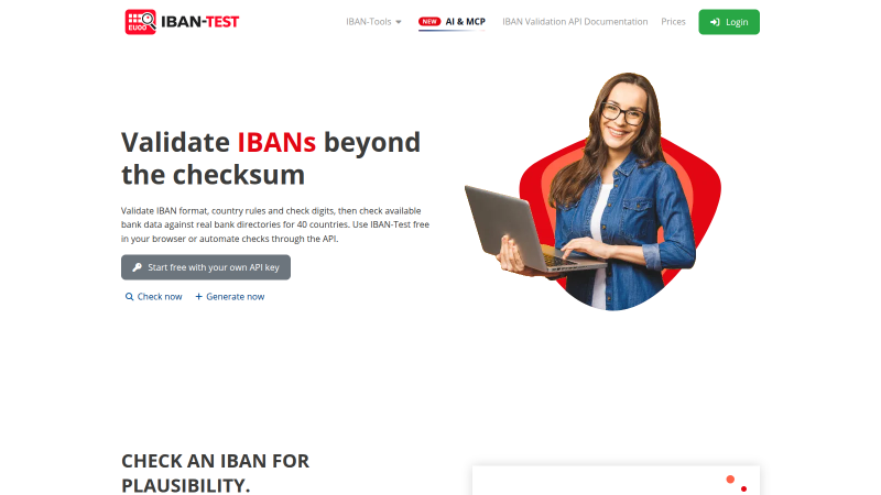 IBAN-Test: Plattform für Validierung IBAN-Test homepage with IBAN validation hero