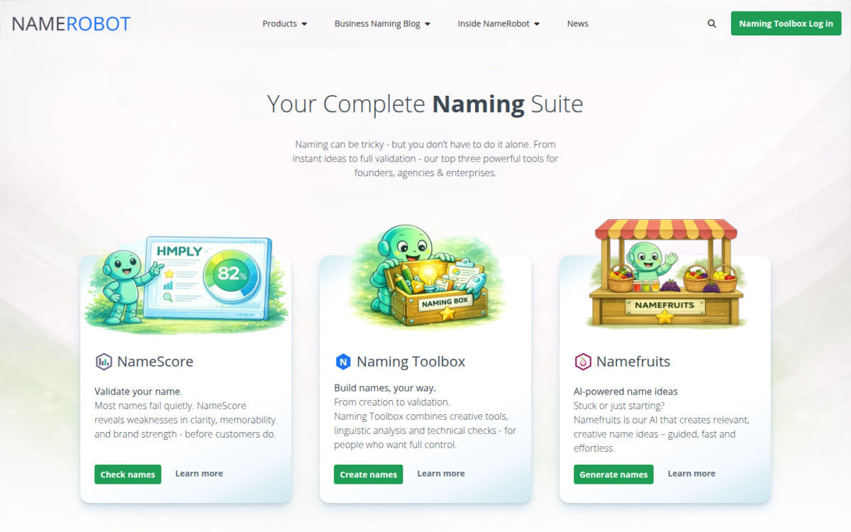 NameRobot naming suite NameRobot homepage with cards for NameScore, Naming Toolbox and Namefruits
