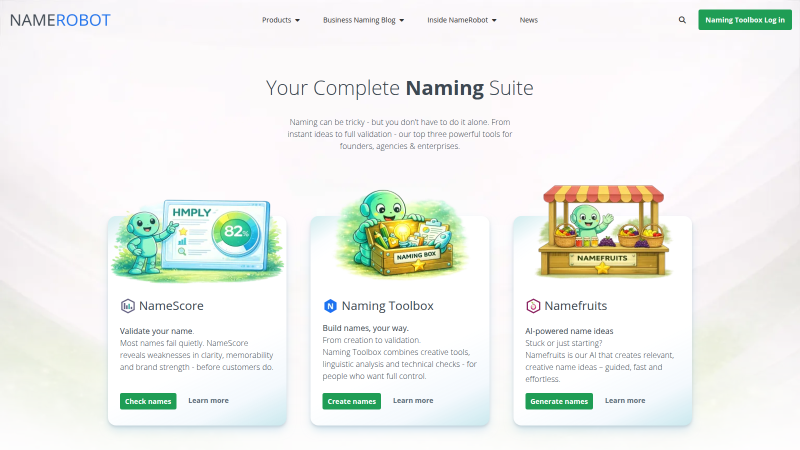 NameRobot: Plattform für Namensfindung NameRobot homepage showing the complete naming suite