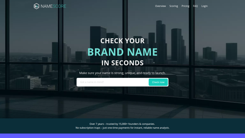 NameScore: SaaS-Plattform NameScore homepage with the brand-name check hero