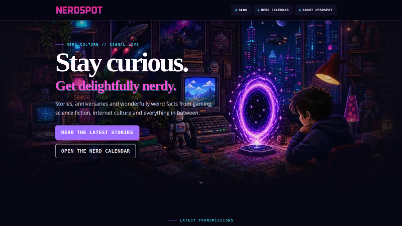 NerdSpot: Redaktion mit KI-Unterstützung NerdSpot homepage with the Stay curious hero