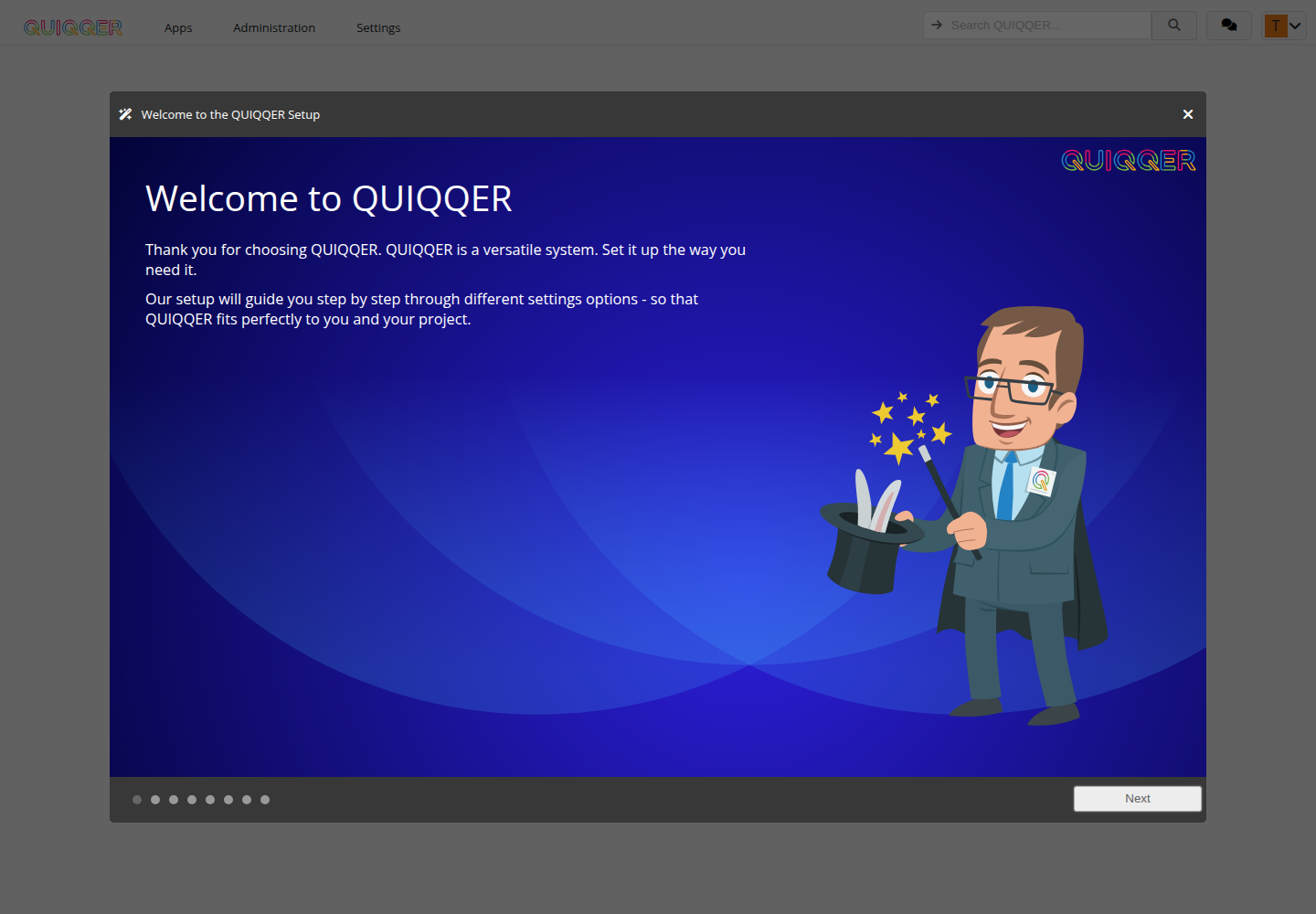 QUIQQER: first login and setup assistant