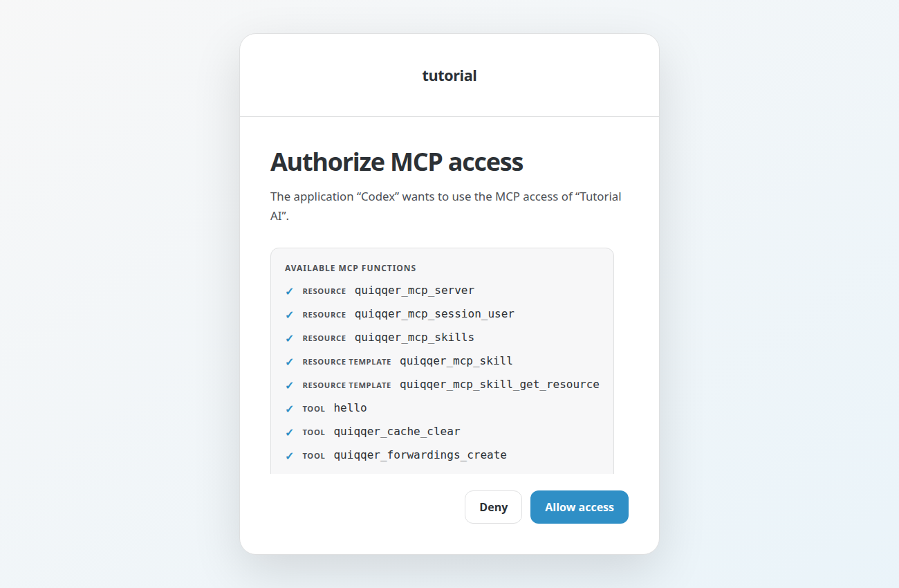 Authorize Codex MCP access with your QUIQQER account