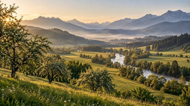 Grünes Tal mit geschwungenem Fluss, blühenden Bäumen und Bergen im warmen Morgenlicht