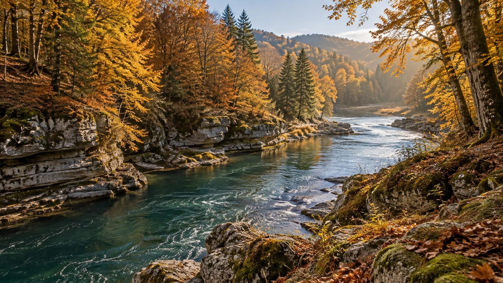 Herbstlicher Fluss — QUIQQER 2.37 Klarer Fluss zwischen geschichteten Felsufern und goldenen Herbstbäumen im Morgenlicht