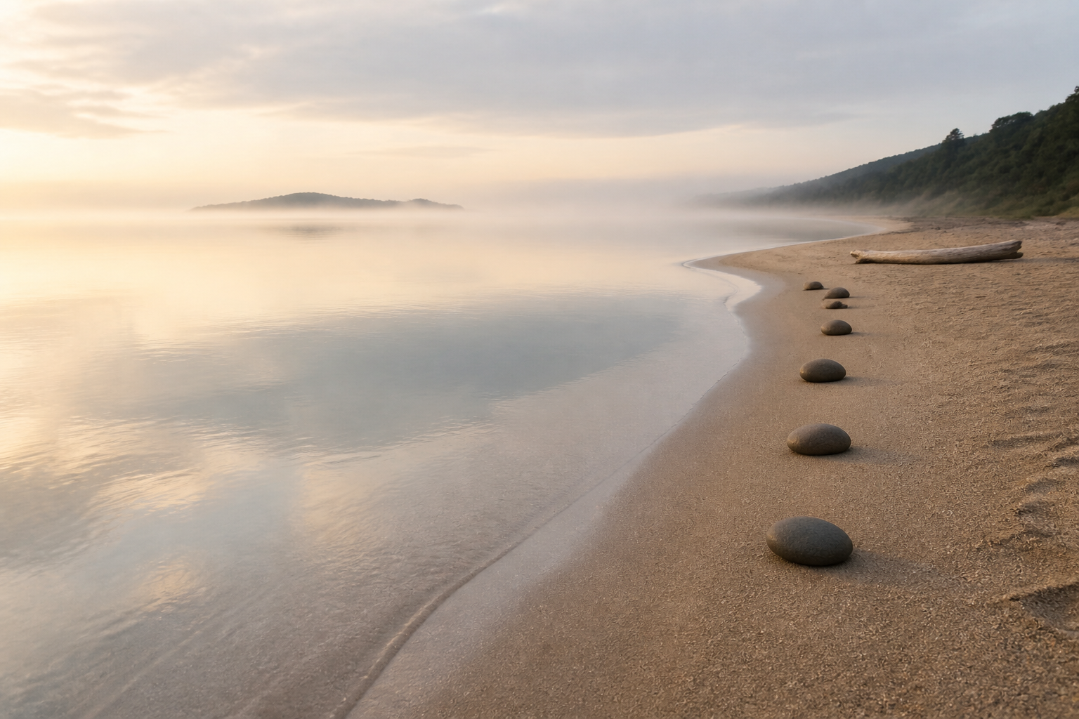Nebliger Sonnenaufgang über einem ruhigen Sandstrand mit glatten Steinen und Treibholz.