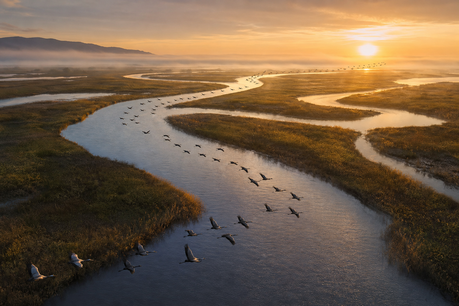 Ein Schwarm Kraniche fliegt bei goldenem Sonnenaufgang über einen Fluss im Moorland.