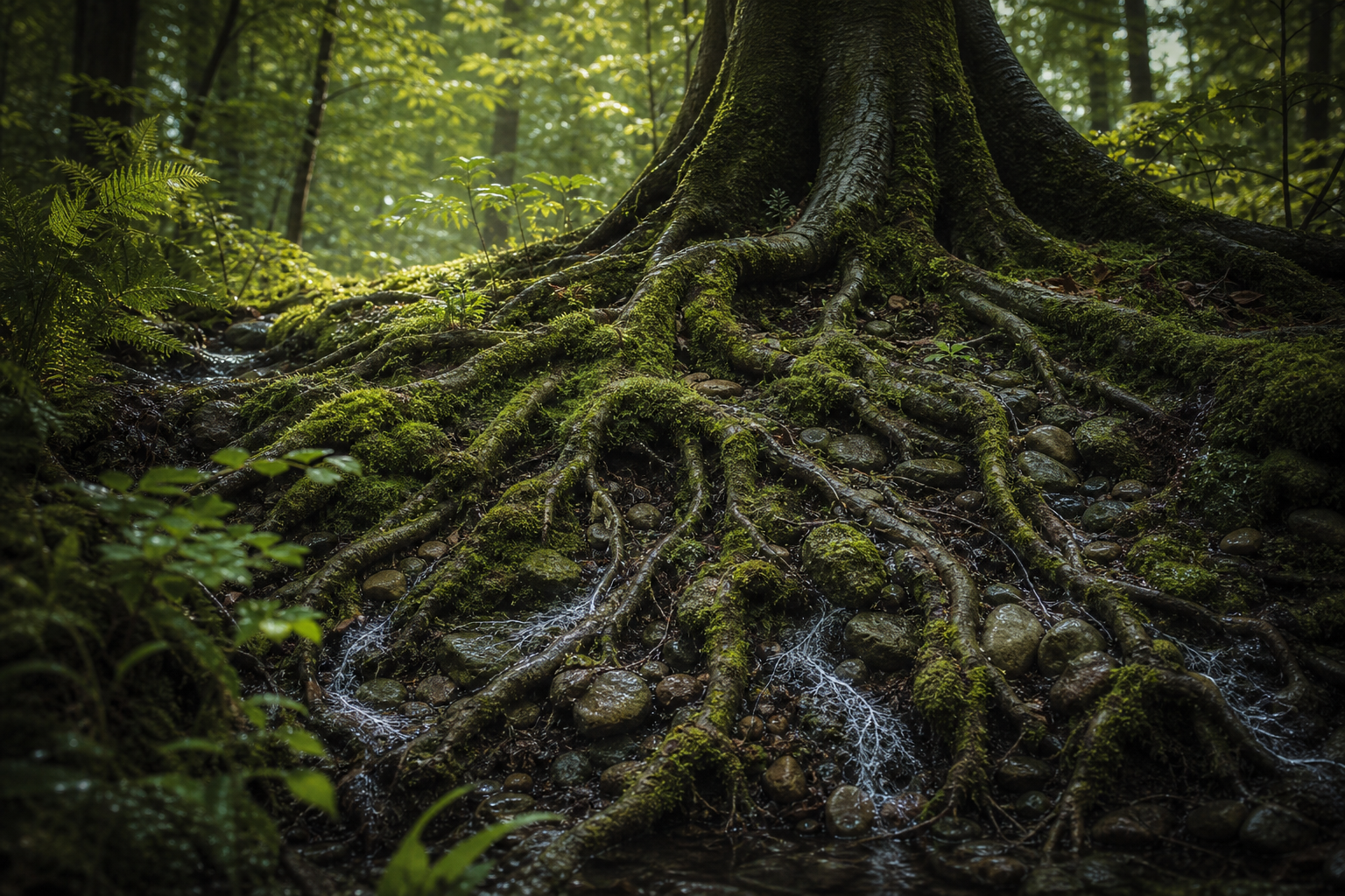 Moosbedeckte Baumwurzeln breiten sich im weichen grünen Licht über den felsigen Waldboden aus.