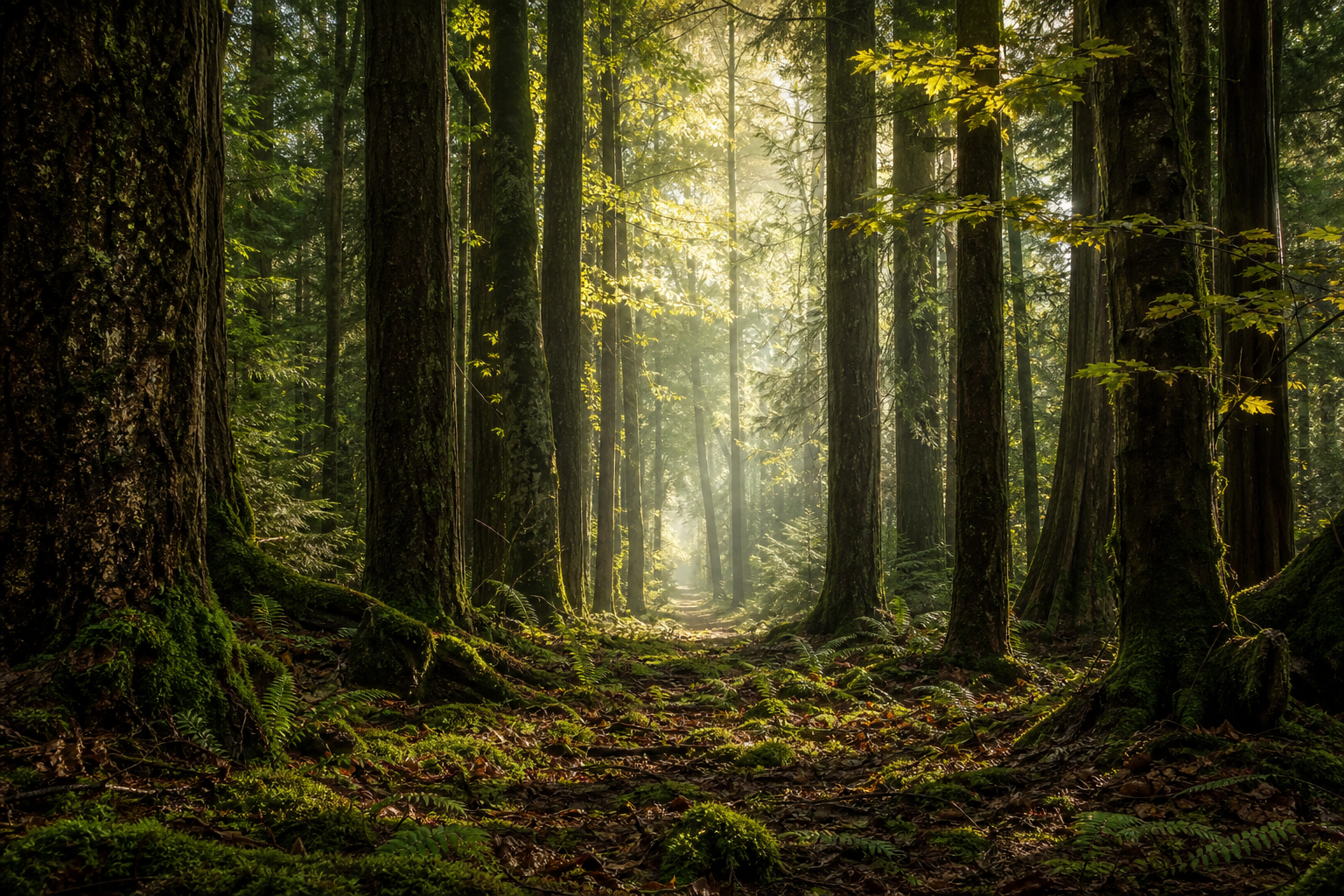 Sonnenstrahlen fallen durch hohe Bäume in einen moosigen Wald mit Farnen und sanftem Morgennebel.