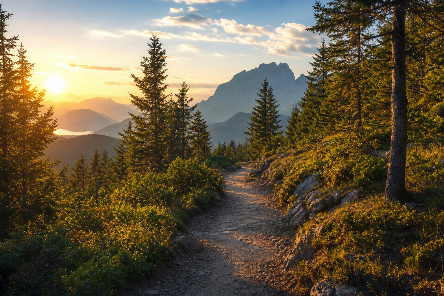 Goldener Waldpfad Ein goldener Waldpfad führt am späten Nachmittag in Richtung ruhiger Berglandschaft.