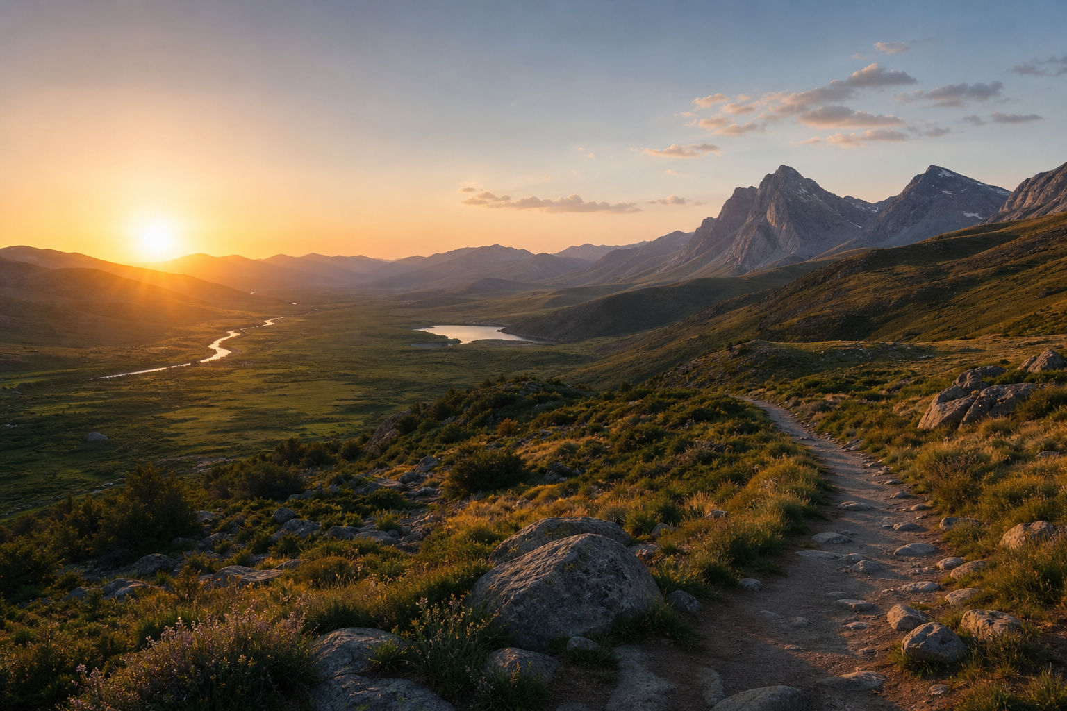 Ein heller Weg führt bei Sonnenaufgang durch ein ruhiges Tal und steht für Verlässlichkeit und Aufbruch.