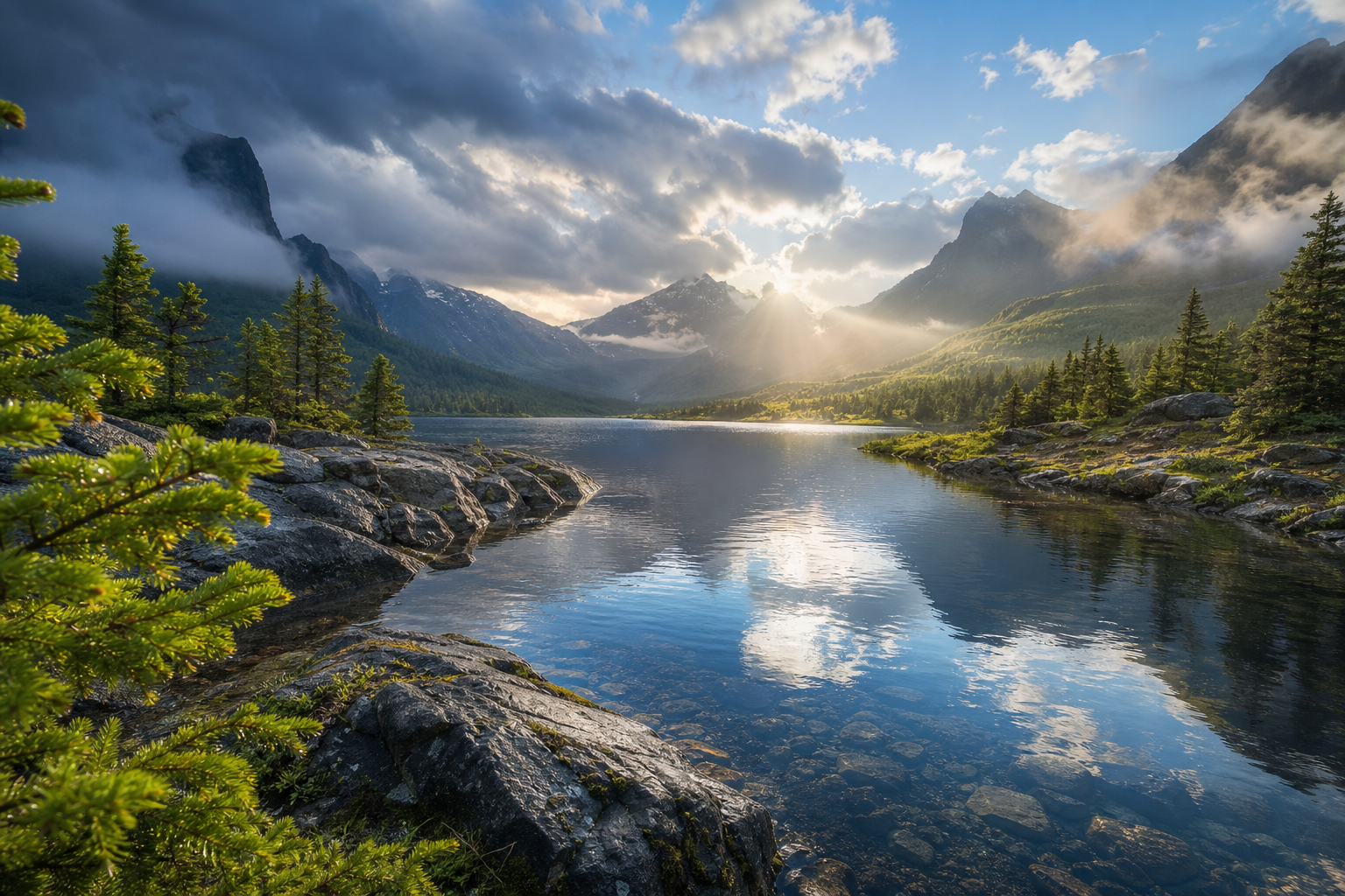 Sonnenstrahlen über einem Bergsee mit Kiefern, felsigem Ufer, Wolken und Spiegelungen.