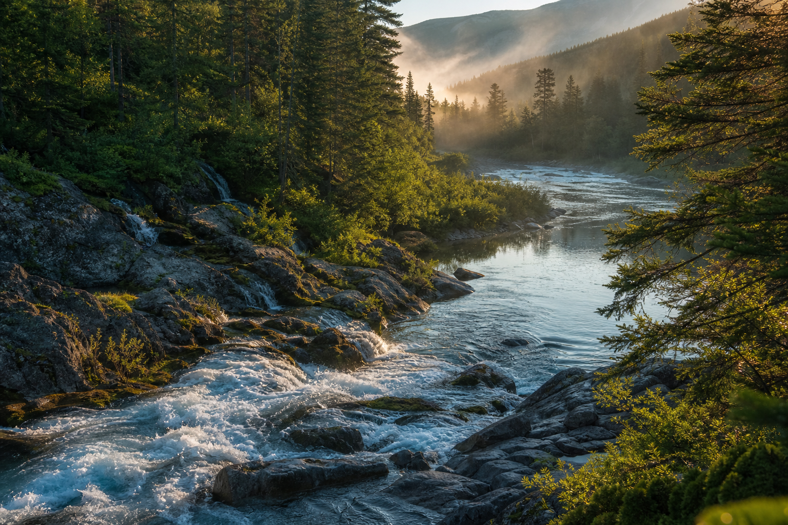 Sonnenbeschienener Bergfluss mit Stromschnellen, Kiefernwald und nebligem Tal im Morgengrauen.