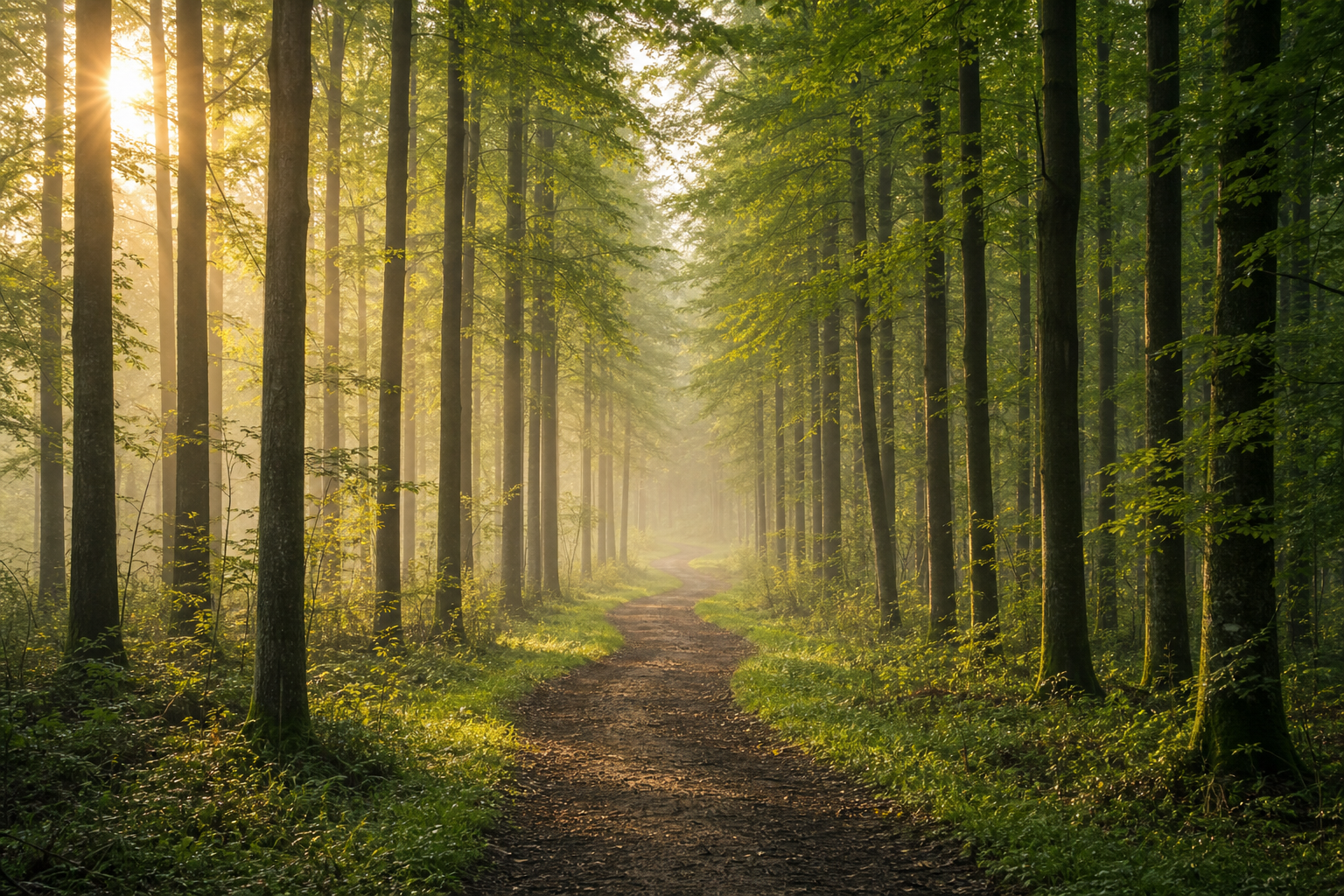 Sonniger Waldweg schlängelt sich durch hohe grüne Bäume im weichen Morgennebel.