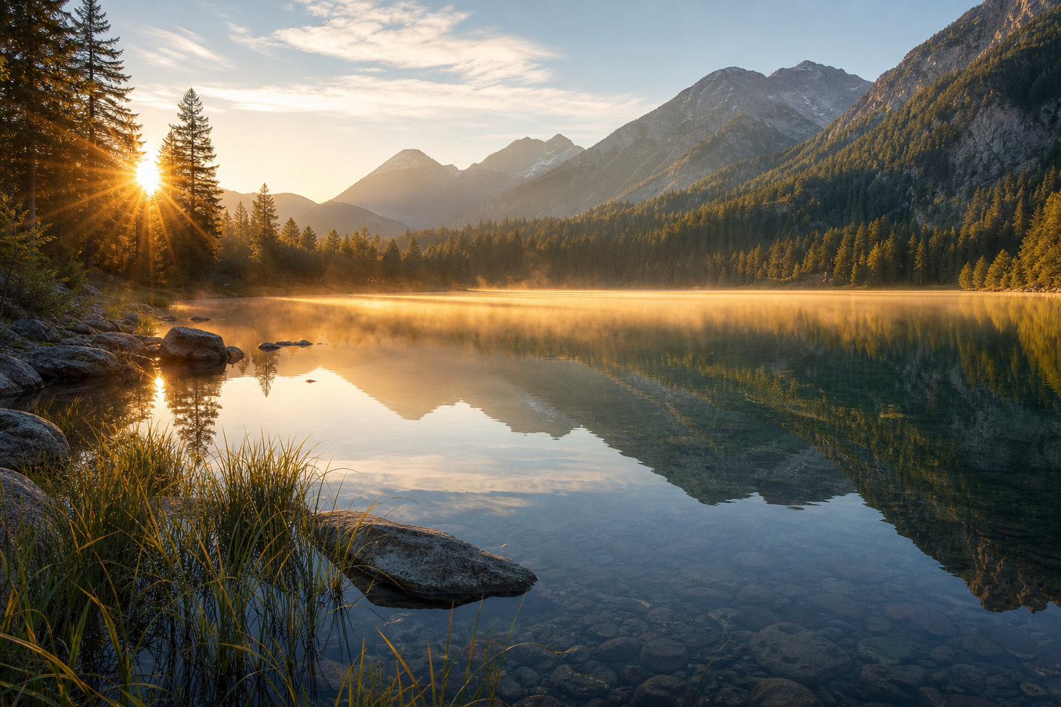 Sonnenaufgang über einem nebligen Bergsee mit Kiefernwald und Spiegelungen.