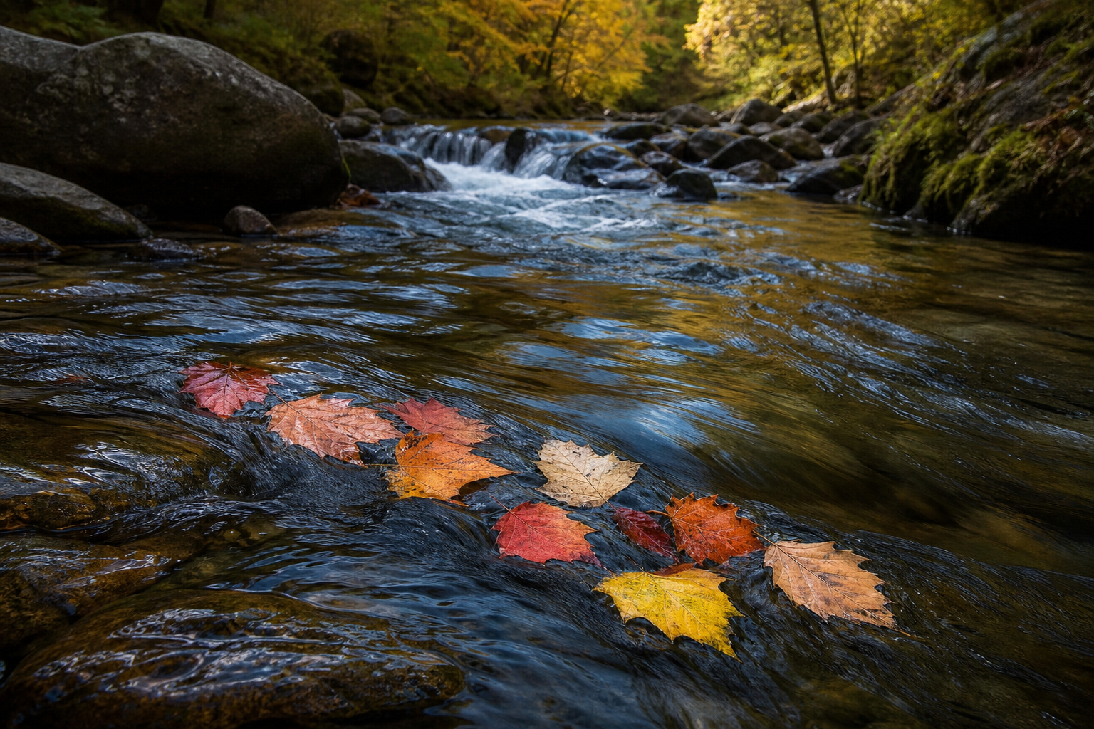 Bunte Herbstblätter liegen auf Steinen in einem flachen Waldbach mit kleinen Kaskaden.